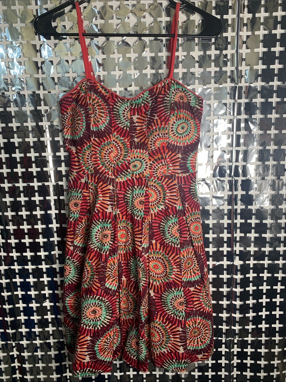 American Rag Red Mini Dress with Teal and Cream Sunburst Print